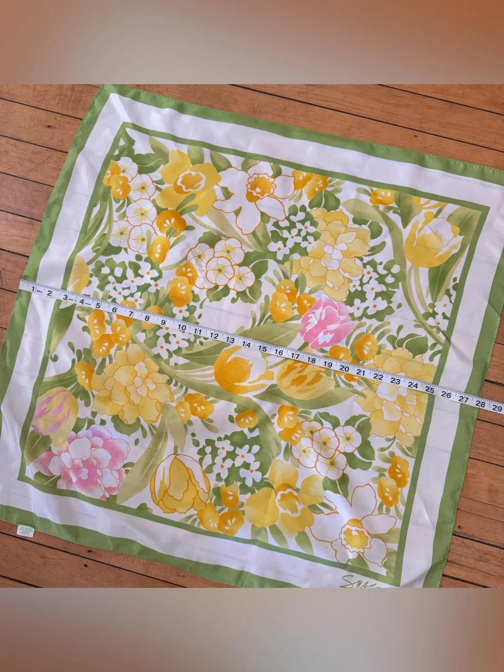 Vintage Floral Silk Scarf in Yellow, Green & Pink